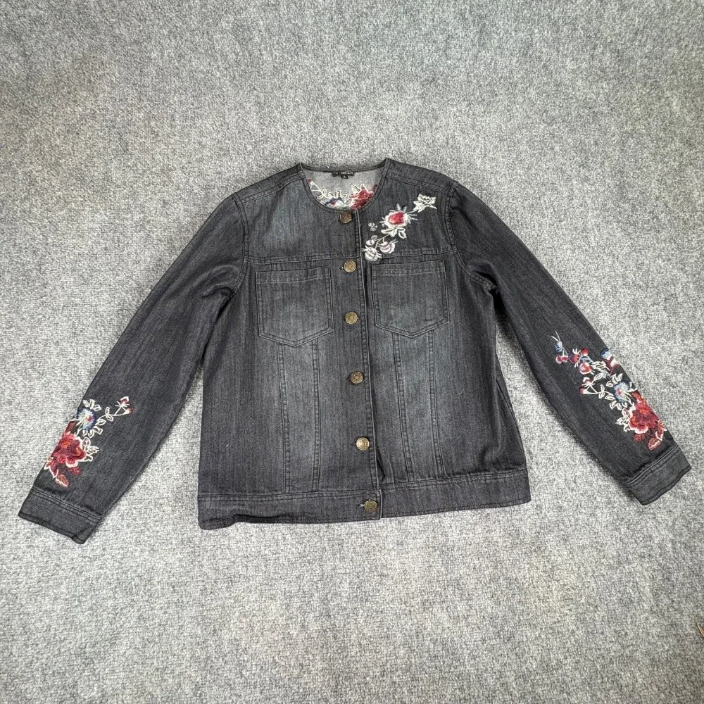 Vintage Hannah Denim Jacket Womens S Black Y2K Floral Embroidered Boho‎ Fairy